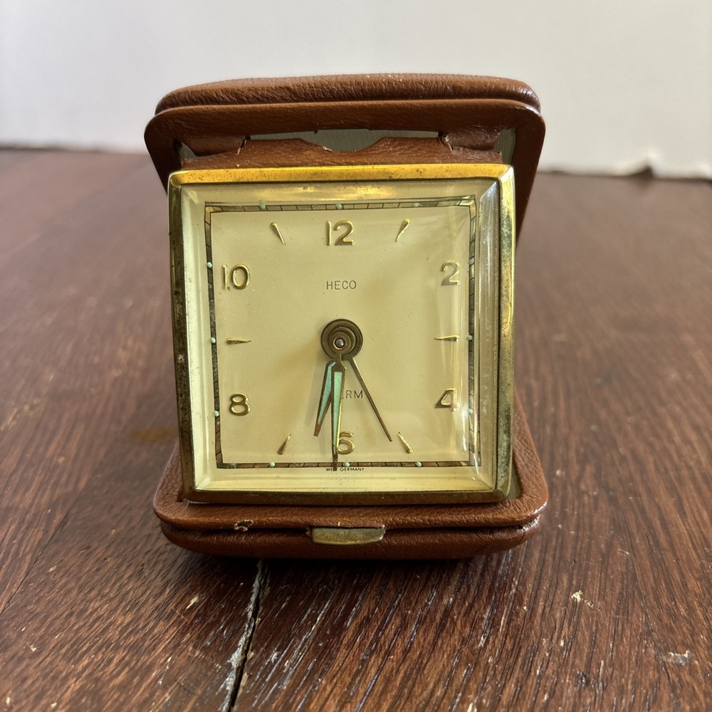 Vintage Travel ALARM CLOCK Heco German Brown Leather‎ 8 days Pocket 1960s